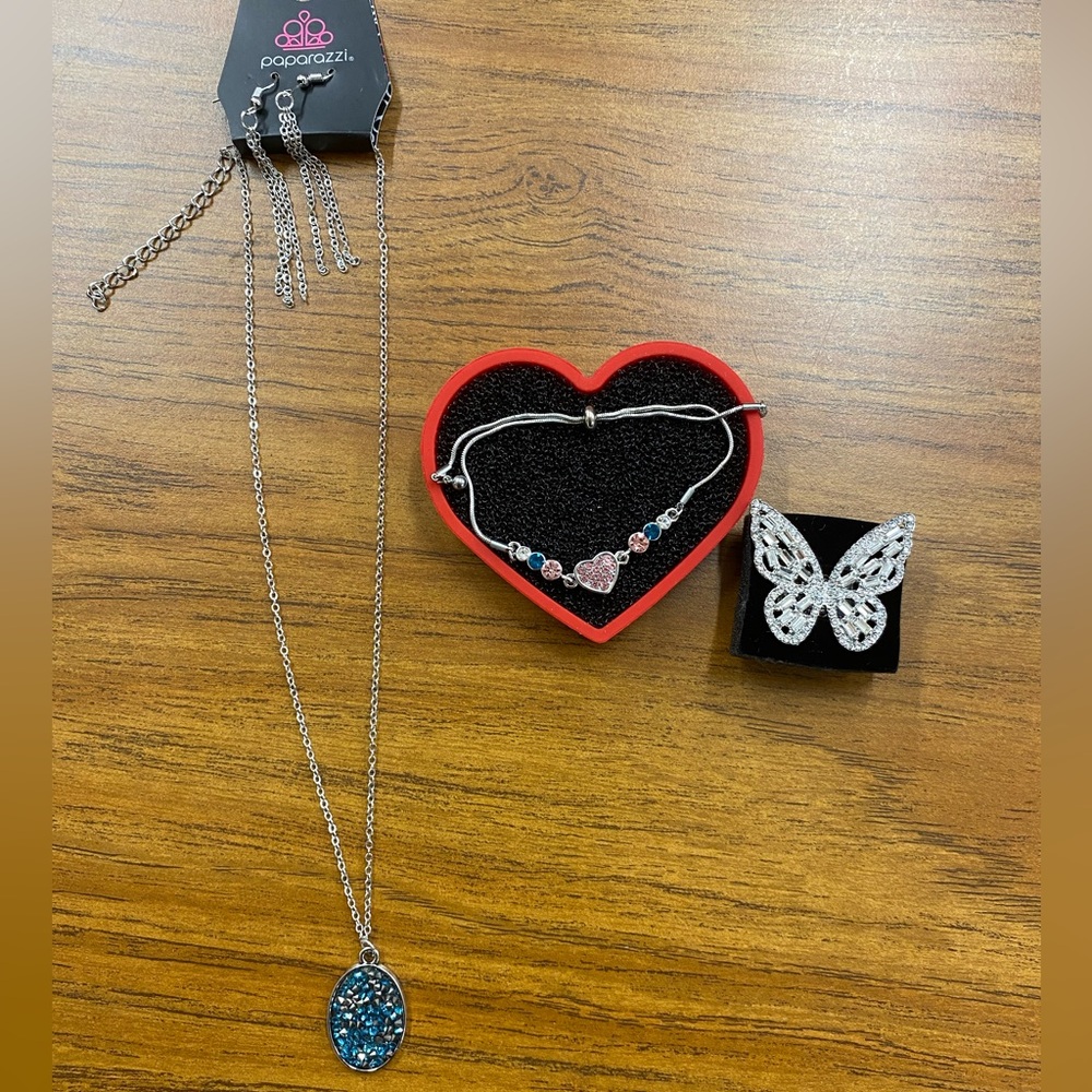 New 4 Pc Fashion Jewelry Set-Silver/Multi- Necklace, Earrings, Ring,Bracelet